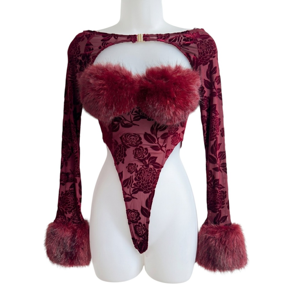 New Fashion Nova XS 2 Pc Burgundy Floral Burnout Faux Fur Trim Bodysuit + Shrug